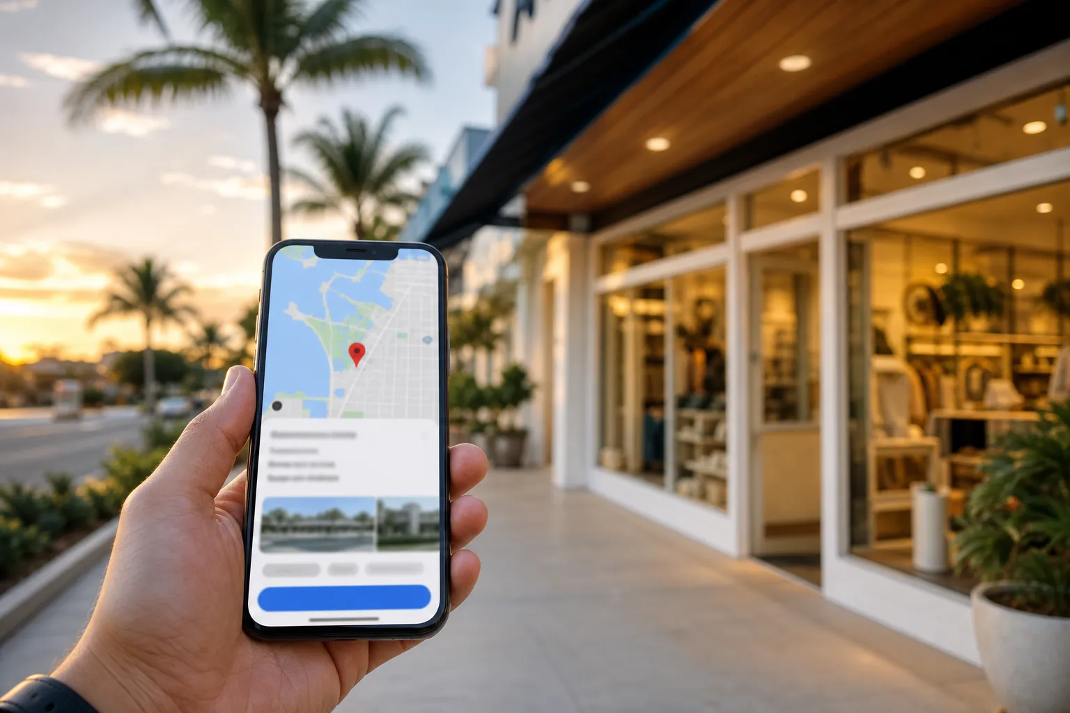 Fachada de una tienda en Bradenton al atardecer con un smartphone mostrando indicaciones de Google Maps.