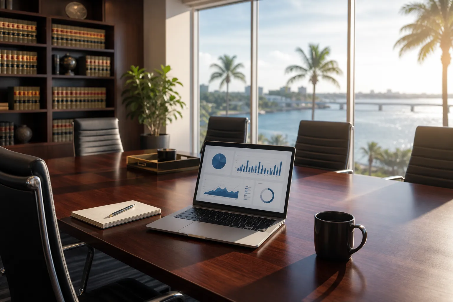 Modern law office conference room overlooking the Bradenton waterfront with an analytics dashboard open on a laptop