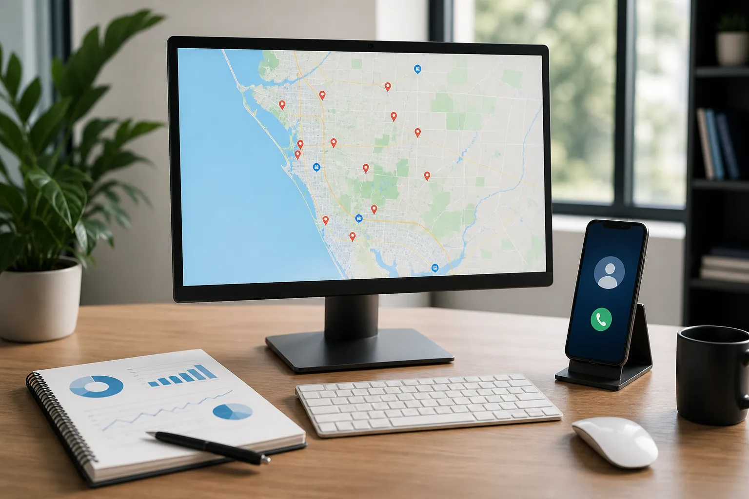 A professional workspace showing a desktop monitor displaying Google Maps with local business pins over Sarasota County, nearby a smartphone showing a tap-to-call interface, and a notebook with lead conversion metrics.