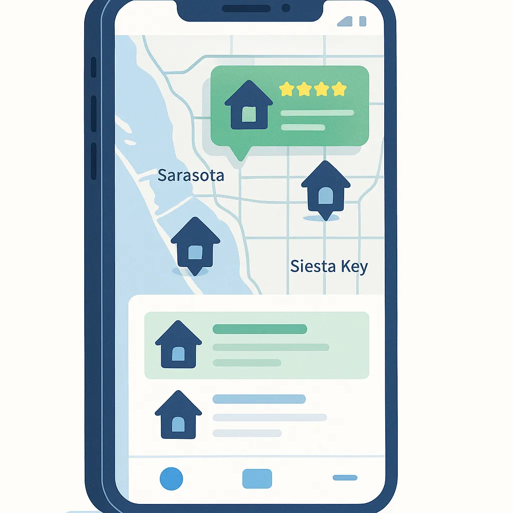 Smartphone showing Google Maps with three pinned Sarasota home service businesses and a highlighted top result