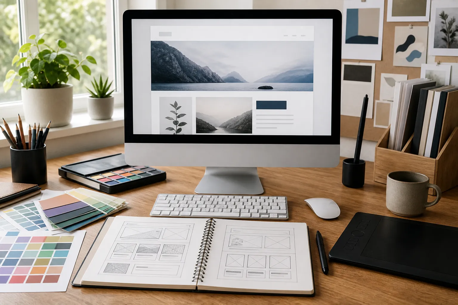 Close-up of a designer's workspace with a desktop monitor displaying a modern website layout, design tools, color swatches, and a notebook with website sketches